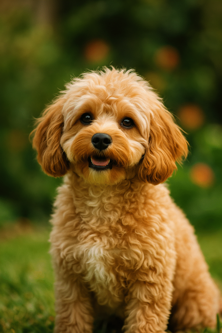Cavapoo dog sitting in a garden