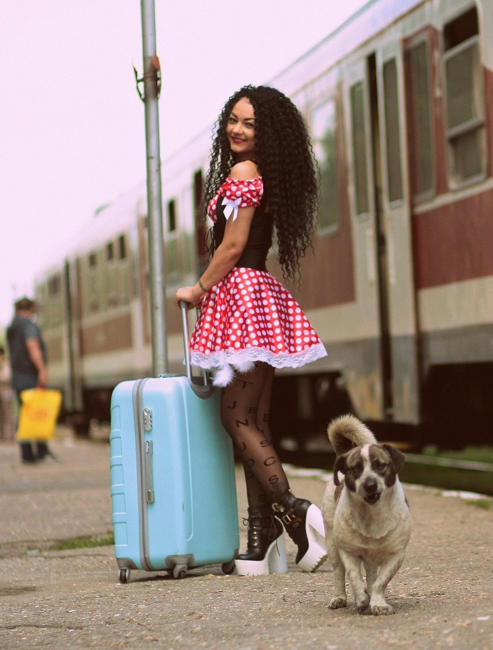 face, train, luggage, dog, platform, dress, dots, red