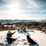 A hiker enjoys a sunny winter day in the mountains, accompanied by their dog.