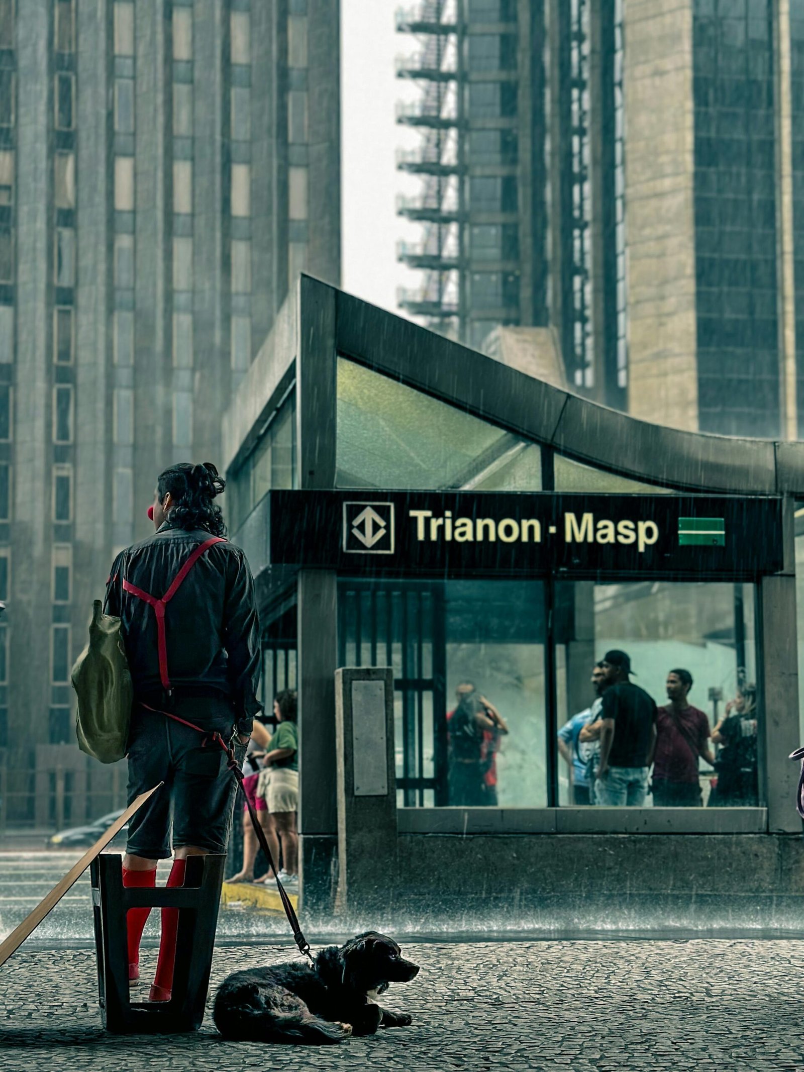 A rainy day at Trianon-Masp subway entrance in São Paulo, featuring pedestrians and pets.