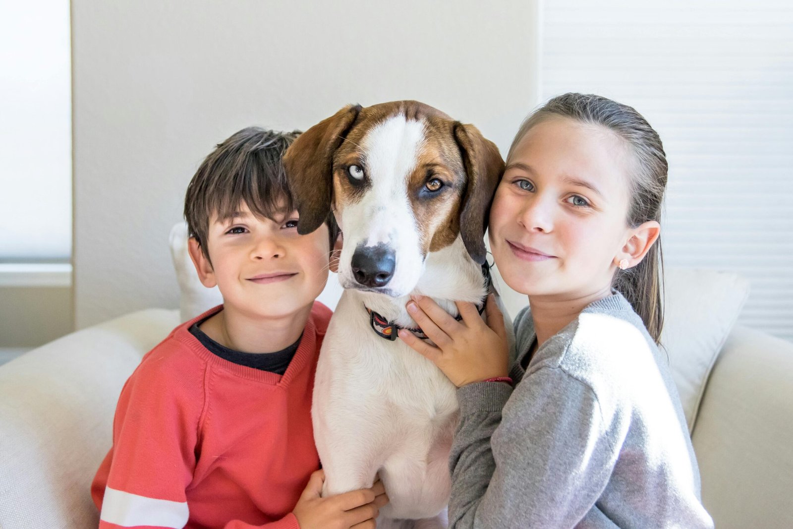 Two smiling children hugging a dog indoors, showcasing a joyful and loving moment.