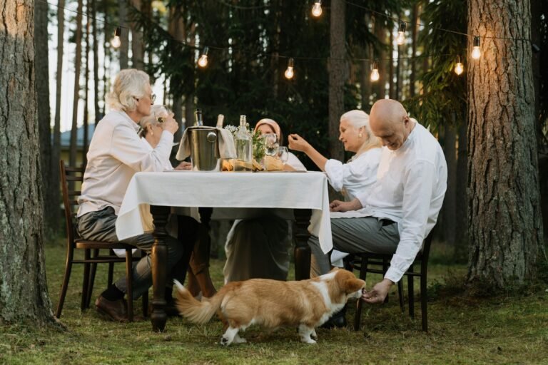 Seniors enjoying an outdoor dinner with a corgi under string lights in a forest setting.