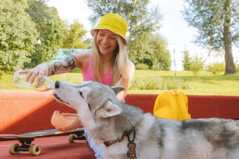 Smiling woman pours water for her husky while enjoying a sunny day outdoors.