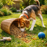 Dog sniffing around a spilled basket of treats