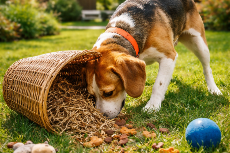 Dog sniffing around a spilled basket of treats