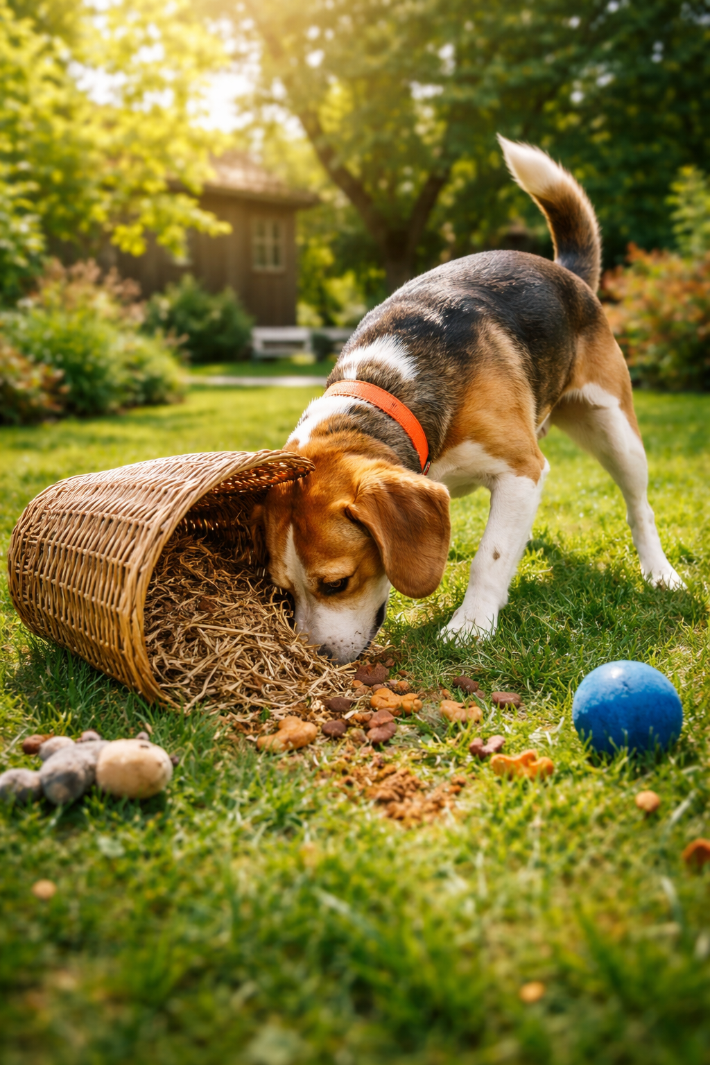 Dog sniffing around a spilled basket of treats