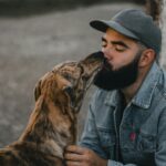 A man in a denim jacket affectionately kisses his brindle dog outdoors on a bright day.